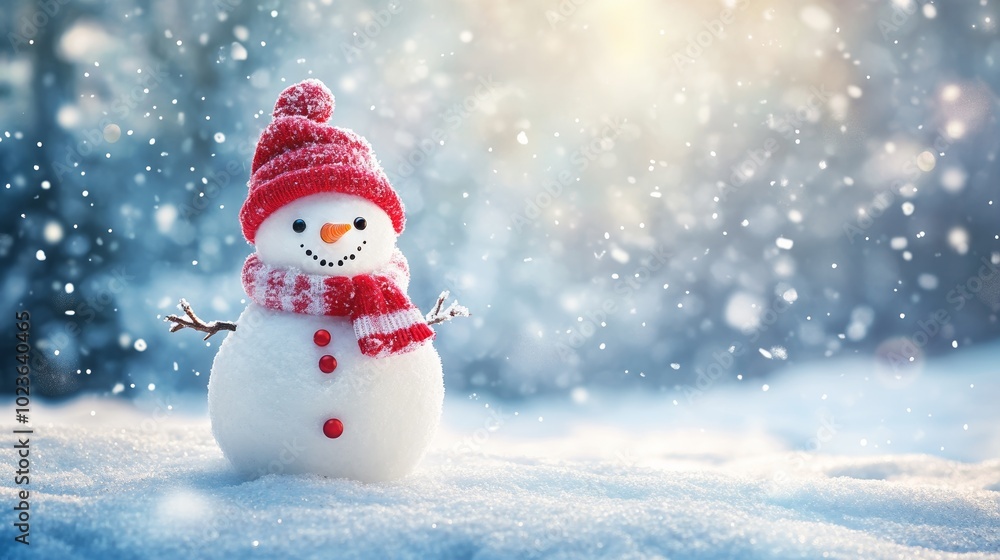 Christmas Winter Background with Snowman in Snowy Forest and Clear Sky Christmas Winter Background with Snowman in Snowy Forest and Clear Sky