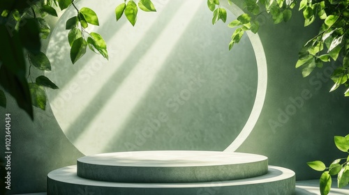 3D render of an abstract minimal green background featuring an empty stage with steps and a cylindrical podium showcasing contrast shadows from leaves with bright sunlight filtering through a circ photo