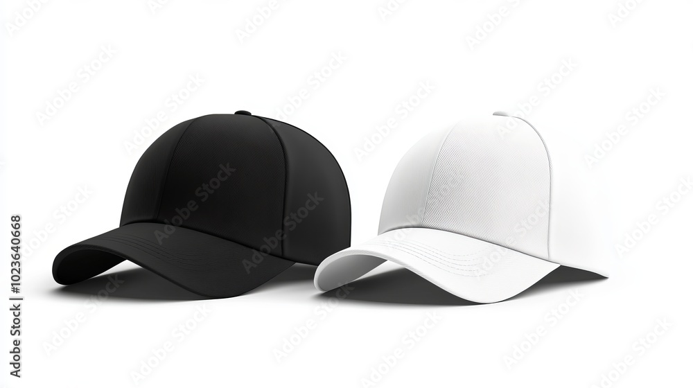 Men's and women's hats, black and white realistic mockup, isolated white background. Men's and women's hats, black and white realistic mockup, isolated white background.