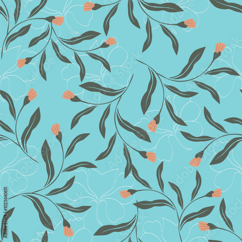 blue seamless vector stock flowers with leaves pattern on cream background