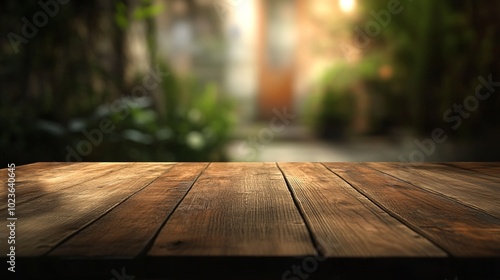 Wooden Table in Foreground with Blurred Forest View in Background