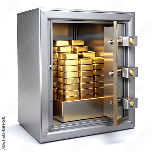 a secure storage vault, a bank safety deposit box, gold ingots in a locked container,