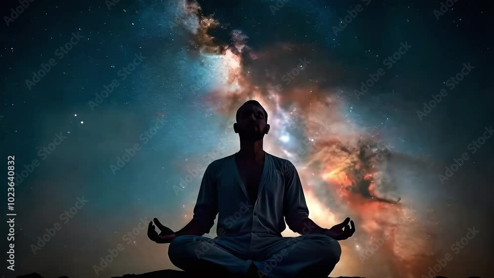 silhouette of a man meditating in lotus position with the Milky Way galaxy slowly rotating in the background. Generative AI silhouette of a man meditating in lotus position with the Milky Way galaxy slowly rotating in the background. Generative AI