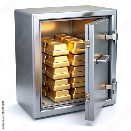 a secure storage vault, a bank safety deposit box, gold ingots in a locked container,