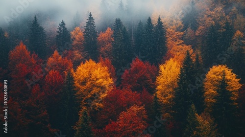 Autumn Forest Underneath a Misty Sky