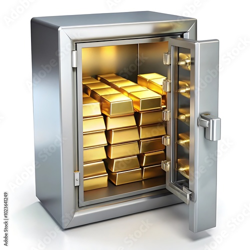 a secure storage vault, a bank safety deposit box, gold ingots in a locked container,
