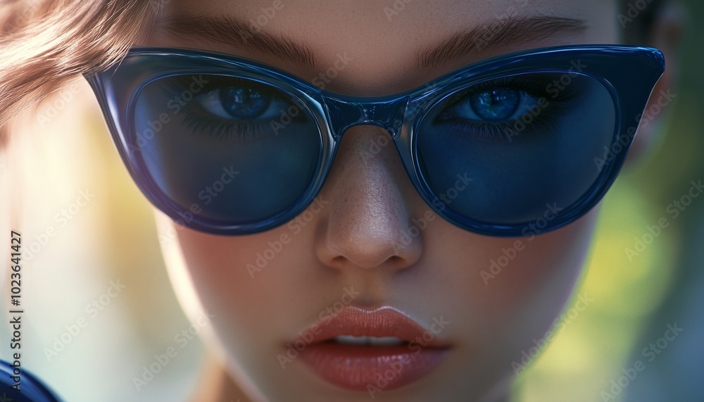 Smiling Woman Wearing Blue Cat-Eye Sunglasses on Orange Background Smiling Woman Wearing Blue Cat-Eye Sunglasses on Orange Background