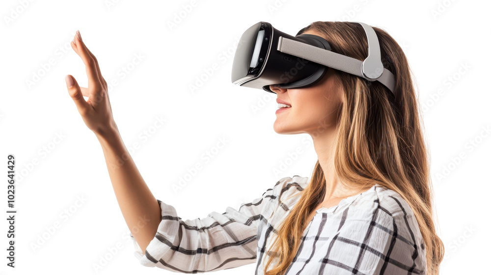 Woman wearing vr glasses isolated on white, transparent