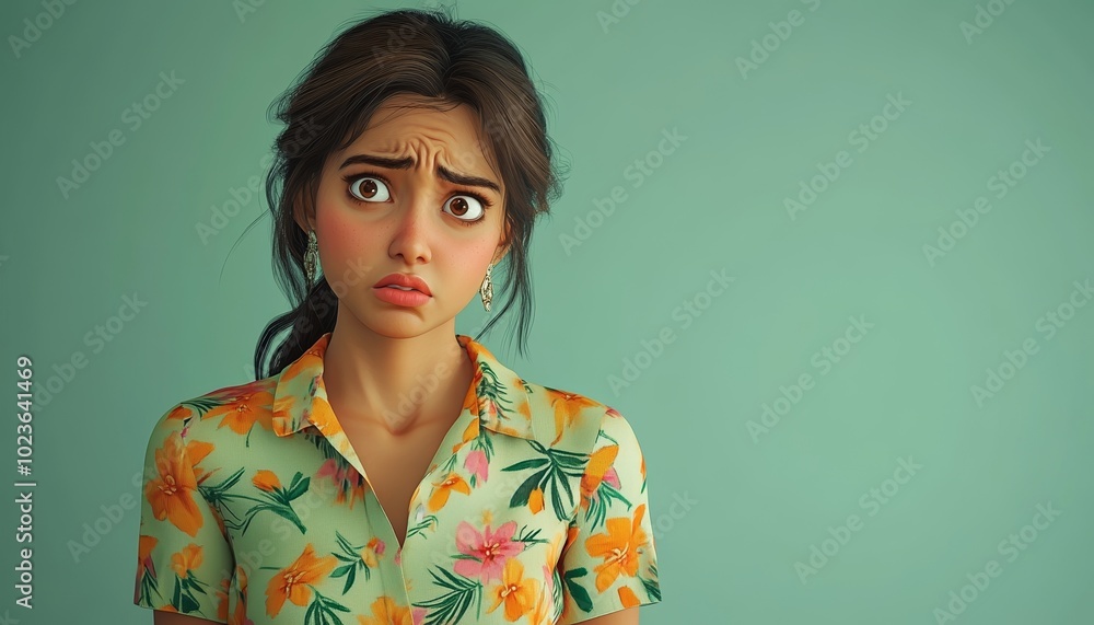 Fototapeta premium Sad Indian Woman with Worried Expression in Colorful Shirt