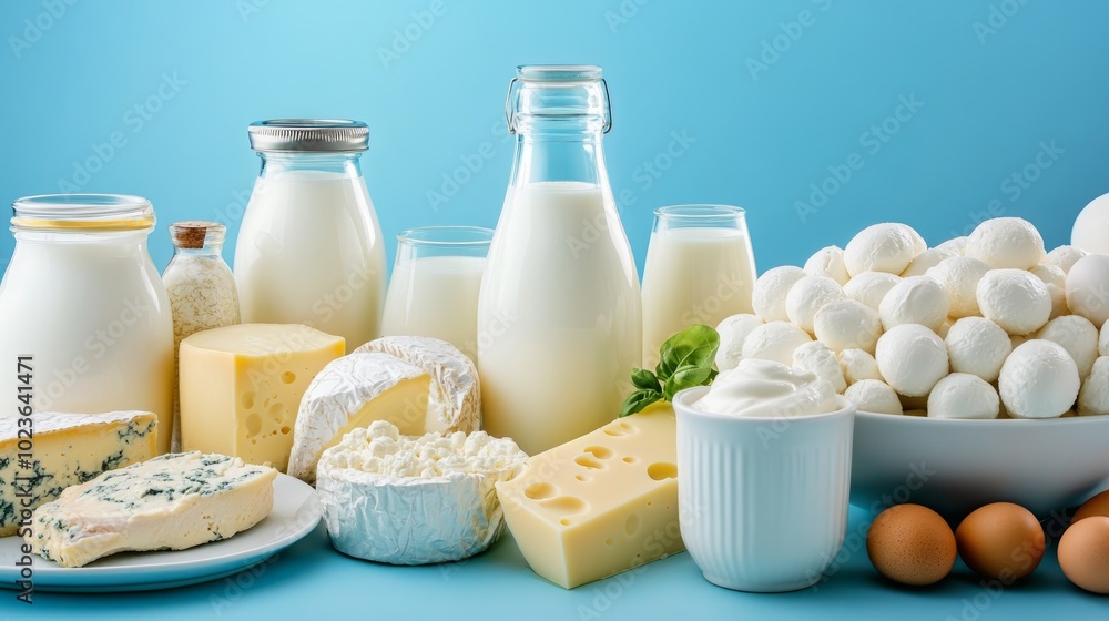 A variety of dairy products, including milk, cheese, yogurt, and eggs, arranged on a blue background. A variety of dairy products, including milk, cheese, yogurt, and eggs, arranged on a blue background.