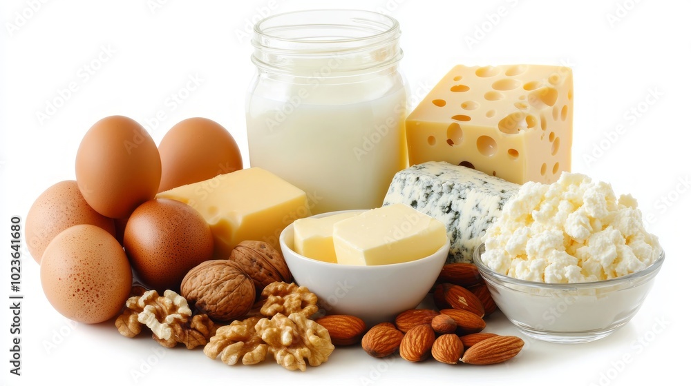 A variety of dairy products, nuts, and eggs are arranged on a white surface. A variety of dairy products, nuts, and eggs are arranged on a white surface.