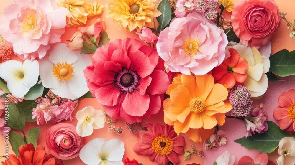 Colorful Flowers with Green Leaves on a Peach Background