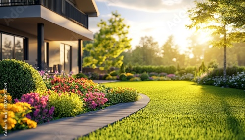 Beautiful Manicured Lawn Garden with Stone Pathway in Sunny Backyard