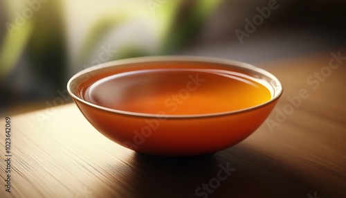 Ripe Pu'er Tea Broth in a White Ceramic Cup with Green Leaves on Wooden Table