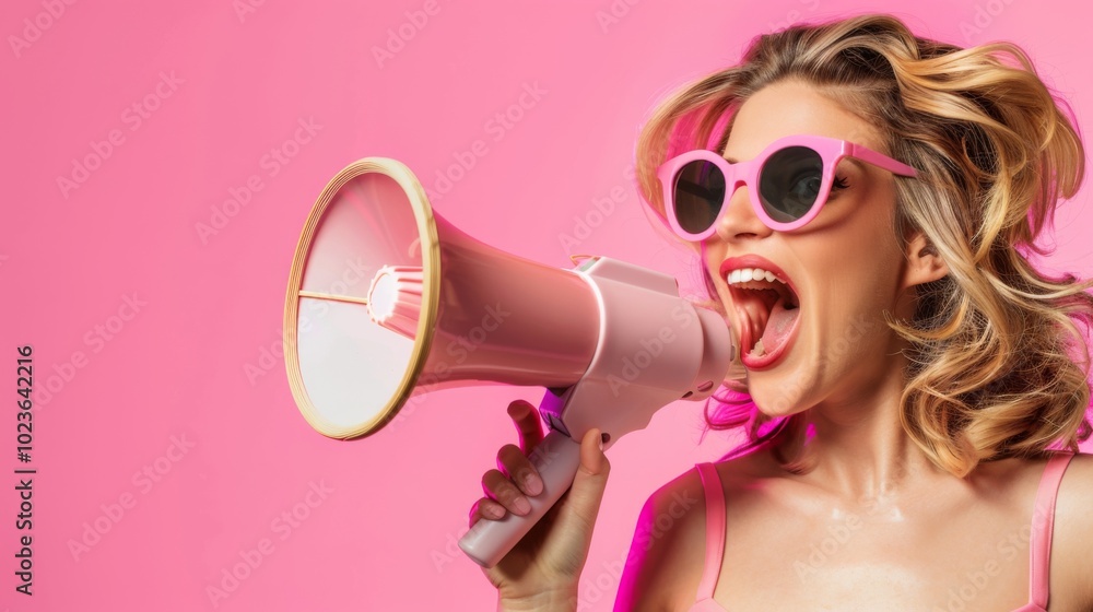 Naklejka premium Video marketing, live stream or media clip to promote brand, influencer advertising, content marketing or online digital campaign concept, beauty confidence woman with megaphone on video media player