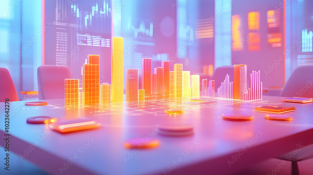 3D Business Conference Table with Glowing Financial Data Charts and Currency Symbols - Ideal for Financial Strategy Concepts, Promotions, and Marketing Materials 3D Business Conference Table with Glowing Financial Data Charts and Currency Symbols - Ideal for Financial Strategy Concepts, Promotions, and Marketing Materials