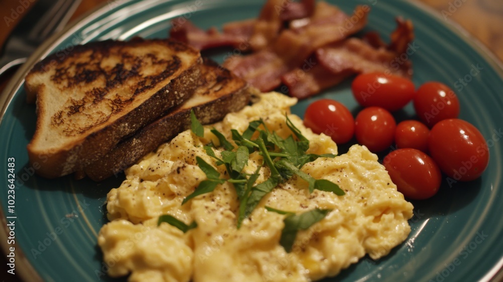 Scrambled Eggs with Bacon and Toast on a Plate Scrambled Eggs with Bacon and Toast on a Plate
