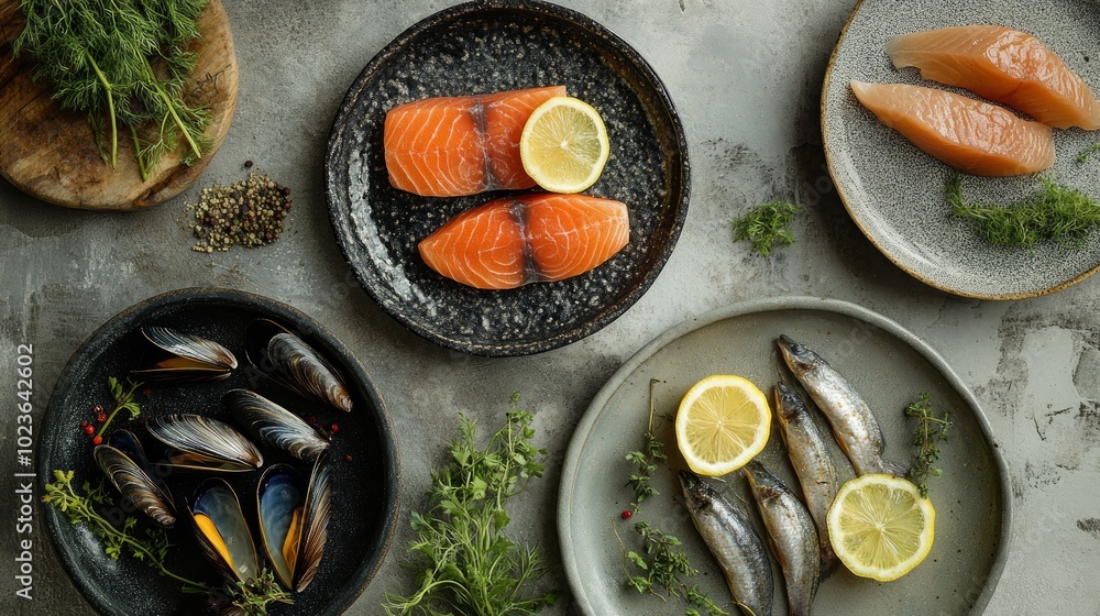 A variety of fresh seafood on plates, including salmon, mussels, sardines, and chicken. A variety of fresh seafood on plates, including salmon, mussels, sardines, and chicken.