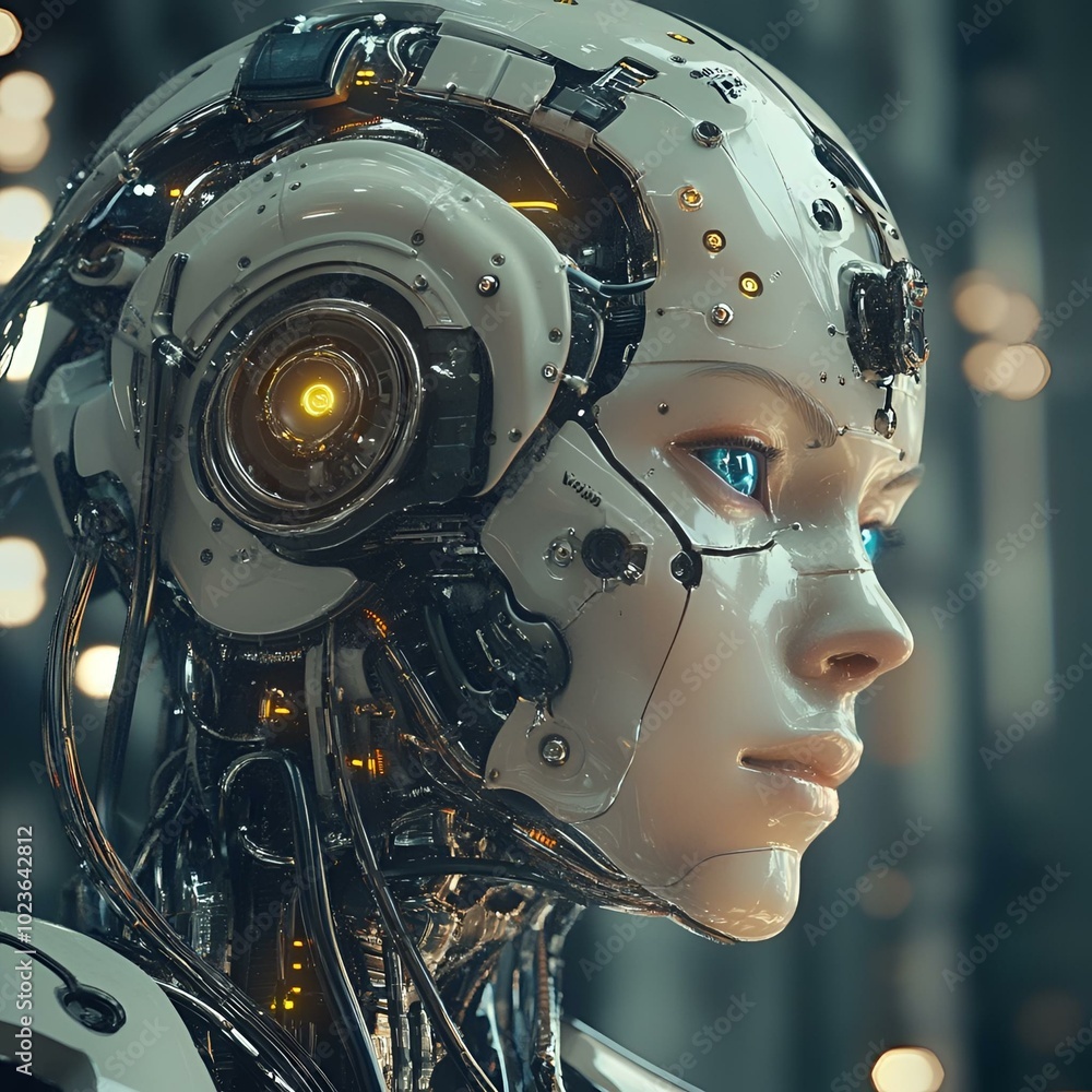 Fototapeta premium Futuristic android with a sleek white design and mechanical interior.