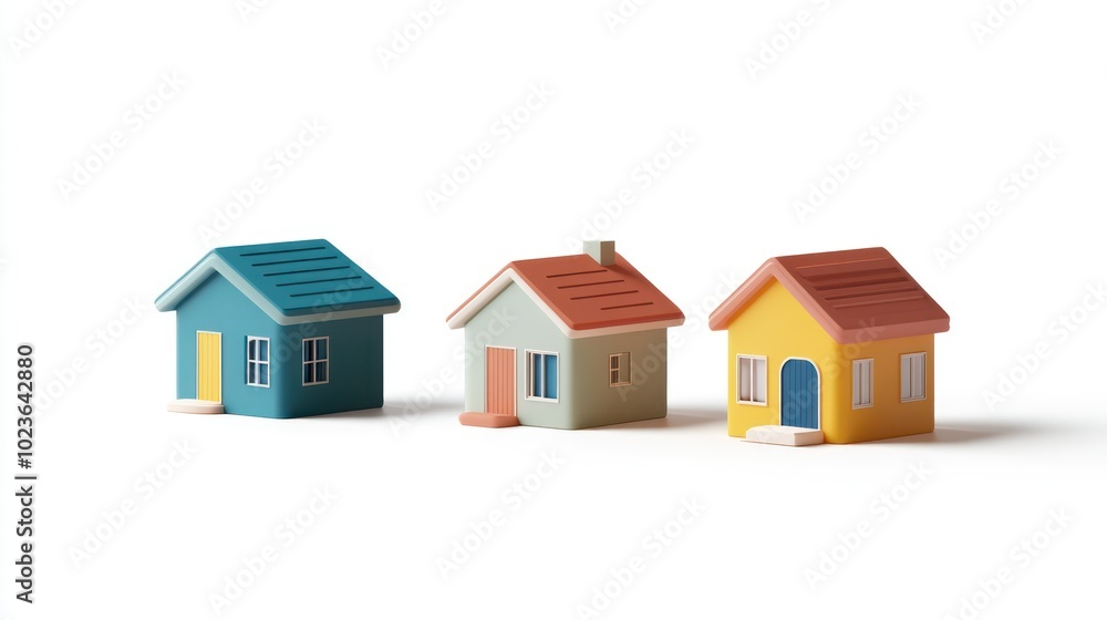 Three Miniature Colorful Houses on a White Background Three Miniature Colorful Houses on a White Background
