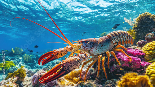 Fototapeta Naklejka Na Ścianę i Meble -  A spiny lobster in its natural underwater habitat, crawling along a coral reef with vibrant marine life surrounding it, captured in a clear blue ocean.