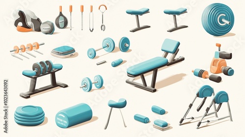 Vector graphics depicting sports equipment: balls, dumbbells and other elements for fitness. photo