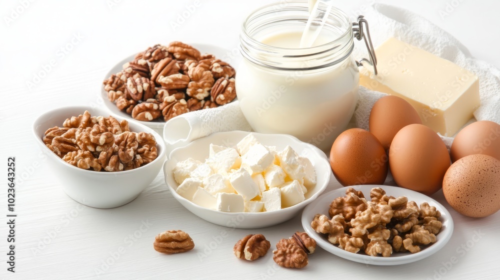 A variety of ingredients for baking, including nuts, milk, butter, eggs, and cream cheese, on a white surface.