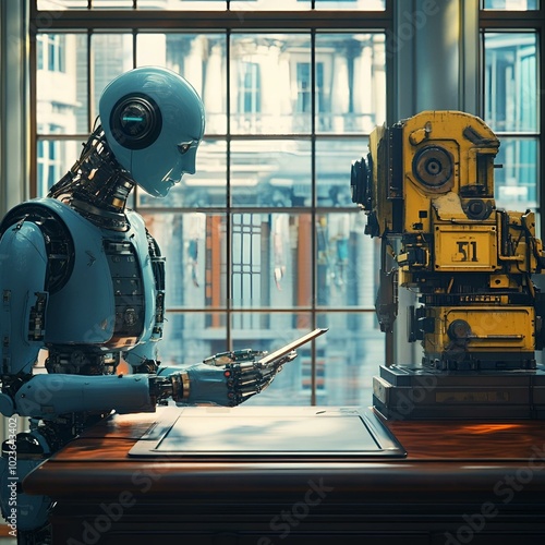 Robot operating high-tech machinery in an industrial setting.