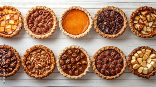 Wallpaper Mural A variety of homemade pies, including pumpkin, pecan, apple, and peach, are arranged in rows on a white wooden background. Torontodigital.ca