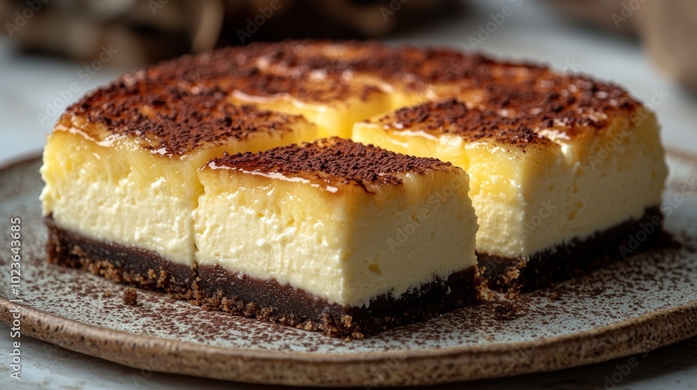 A delectable cheesecake with a creamy texture and chocolate base, freshly cut to serve A delectable cheesecake with a creamy texture and chocolate base, freshly cut to serve