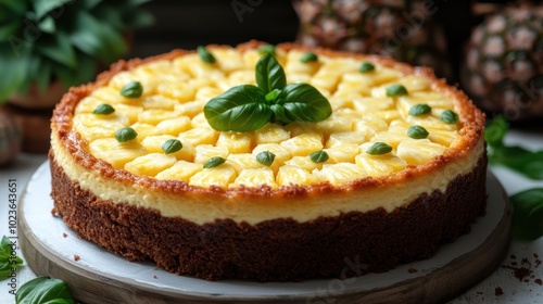 Creamy cheesecake topped with pineapple and fresh basil for tempting flavors