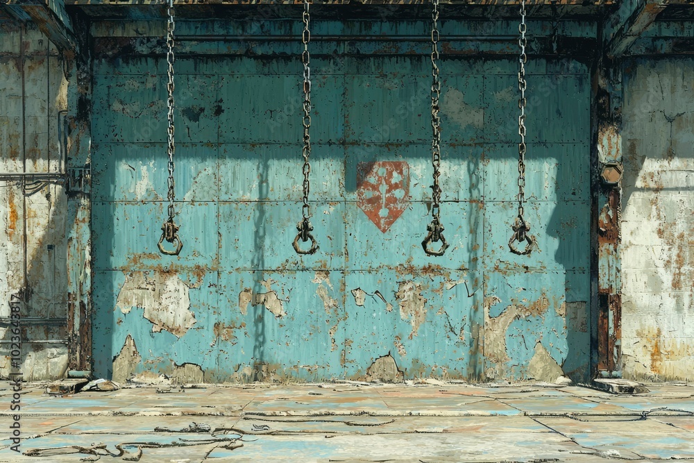 Naklejka premium A Rusty Blue Garage Door with Hanging Chains and Hooks