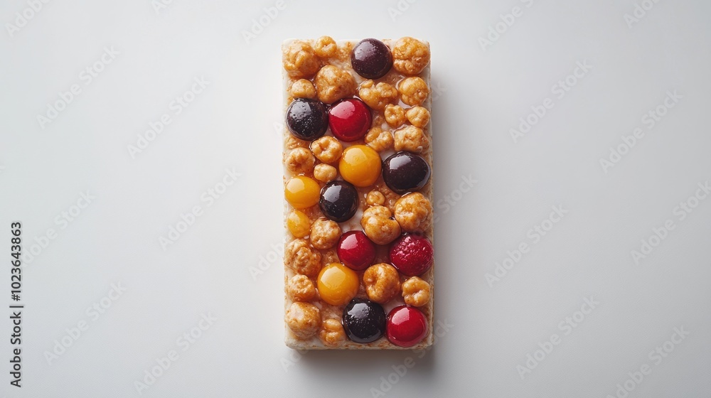 A delicious snack bar featuring a mix of flavored popcorn and assorted fruits A delicious snack bar featuring a mix of flavored popcorn and assorted fruits