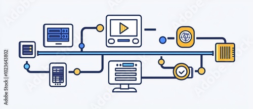 Digital communication network with various devices and media icons on a white background.