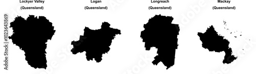 Lockyer Valley, Logan, Longreach, Mackay outline maps