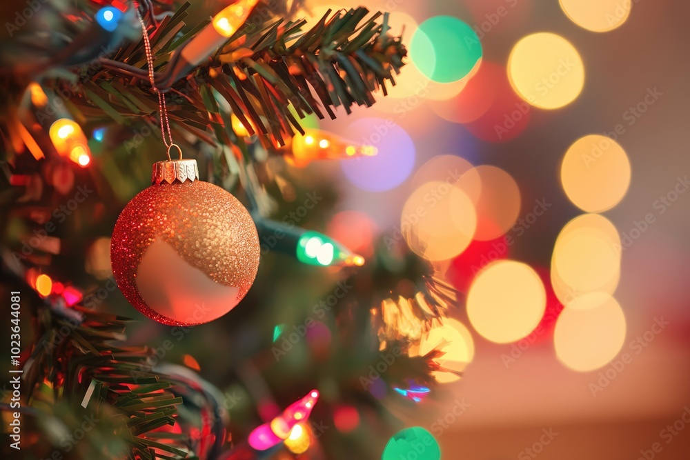 Golden glitter Christmas ball on fir tree, garland lights and colorful New Year background. Greeting card with copy space Golden glitter Christmas ball on fir tree, garland lights and colorful New Year background. Greeting card with copy space