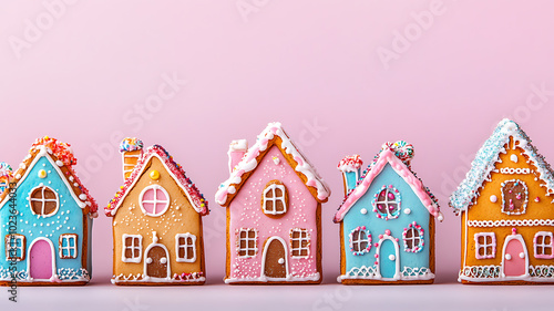 A photo of a holiday card depicting bright, whimsical gingerbread houses of different colors with intricate decorations. 