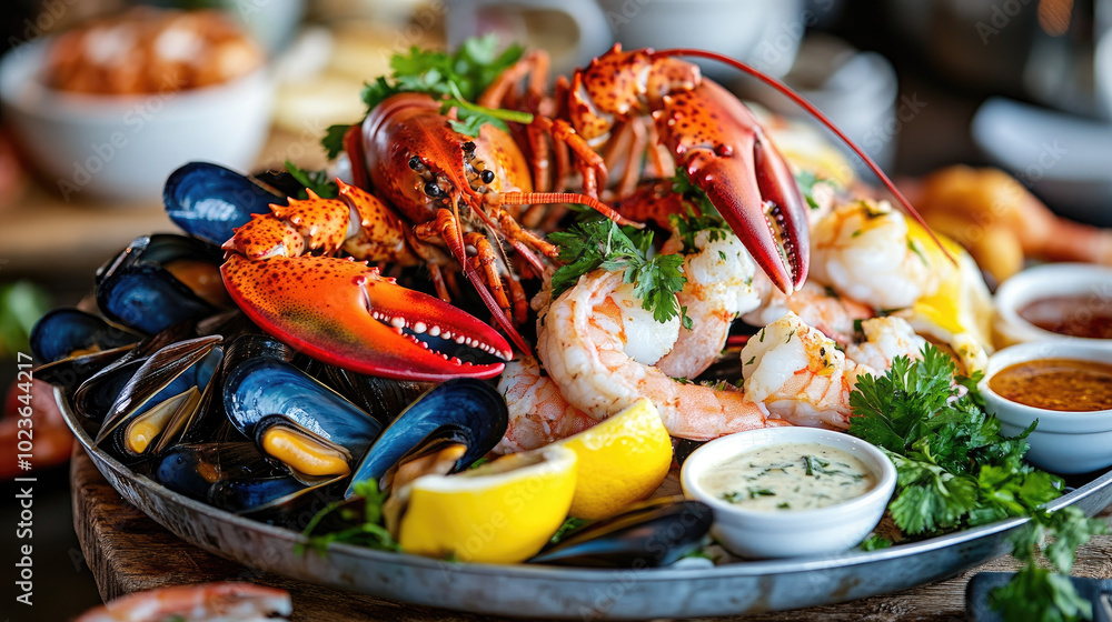 A table set with spiny lobster, shrimp, and mussels, served on a large seafood platter with dipping sauces and garnished with fresh herbs and lemon slices. A table set with spiny lobster, shrimp, and mussels, served on a large seafood platter with dipping sauces and garnished with fresh herbs and lemon slices.