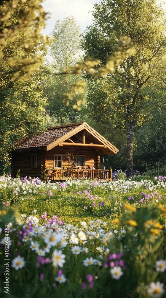 Rustic Wooden Cabin Surrounded by Colorful Flowers Rustic Wooden Cabin Surrounded by Colorful Flowers