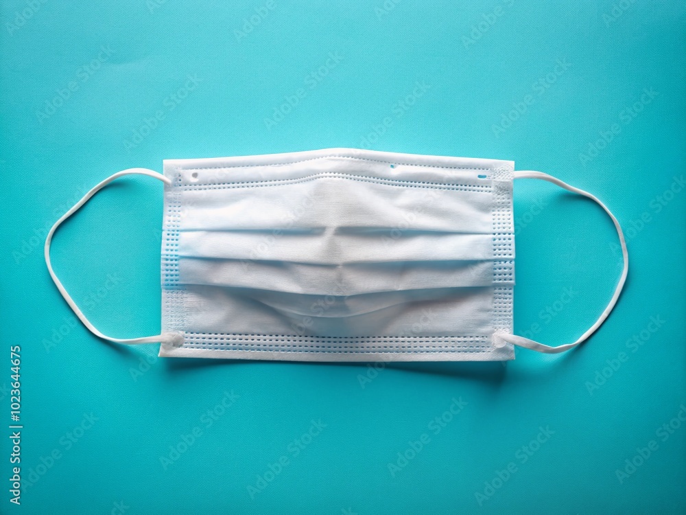 A crisp, white, three-layer cloth medical mask lies flat, folds visible, on a light blue background, symbolizing protection against airborne germs and viruses. A crisp, white, three-layer cloth medical mask lies flat, folds visible, on a light blue background, symbolizing protection against airborne germs and viruses.