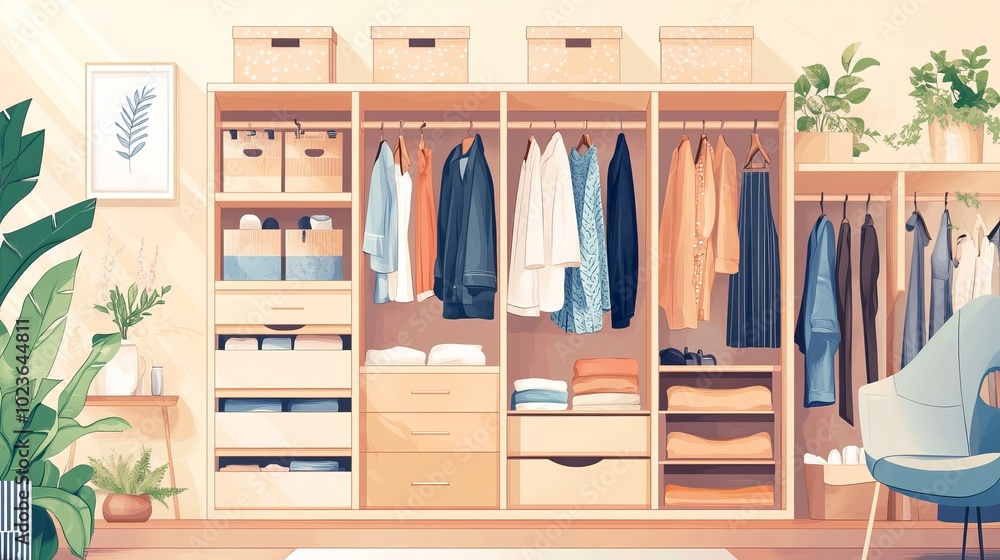 Vector wardrobe with various clothes in the bedroom.