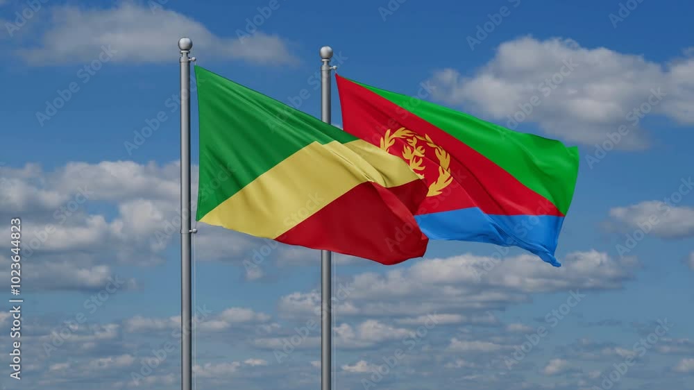 Eritrea and Congo Brazzaville flags flying together, video concept of the relationship, two country cooperation concept Eritrea and Congo Brazzaville flags flying together, video concept of the relationship, two country cooperation concept