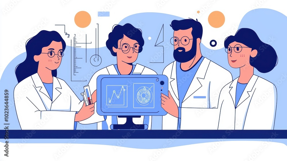 Four scientists collaborating and analyzing data on a computer screen in a laboratory setting. Four scientists collaborating and analyzing data on a computer screen in a laboratory setting.