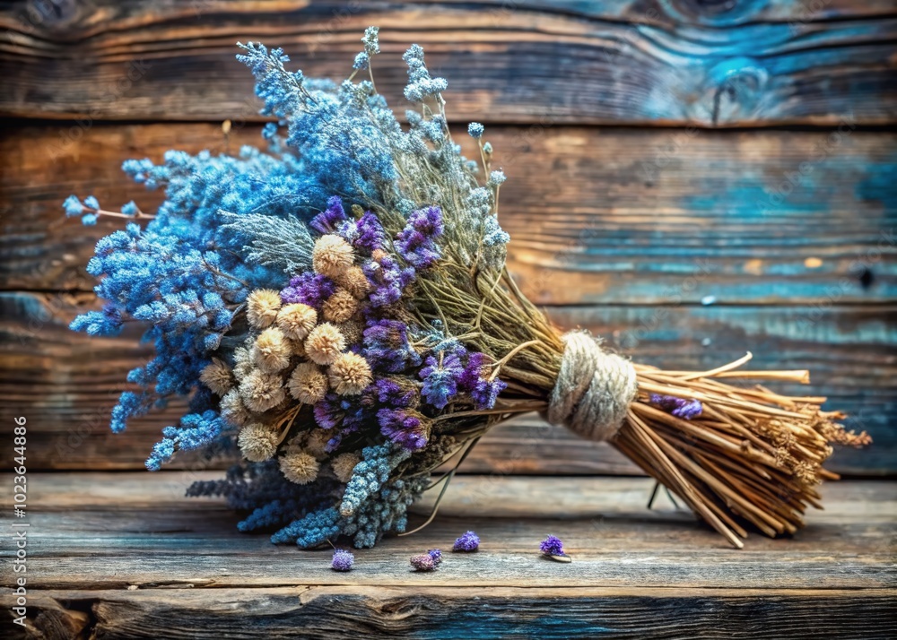 Obraz premium A delicate cluster of dried herbal flowers in shades of soft blue and purple, set against a rustic wooden backdrop, evoking a sense of calm.