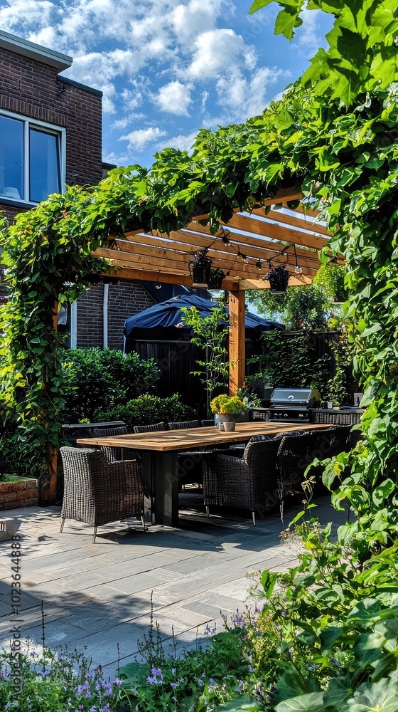 Modern Garden with Lush Greenery and Dining Area Modern Garden with Lush Greenery and Dining Area