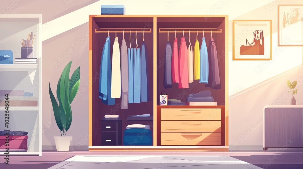 Bedroom with wardrobe: vector image with a lot of clothes. Bedroom with wardrobe: vector image with a lot of clothes.