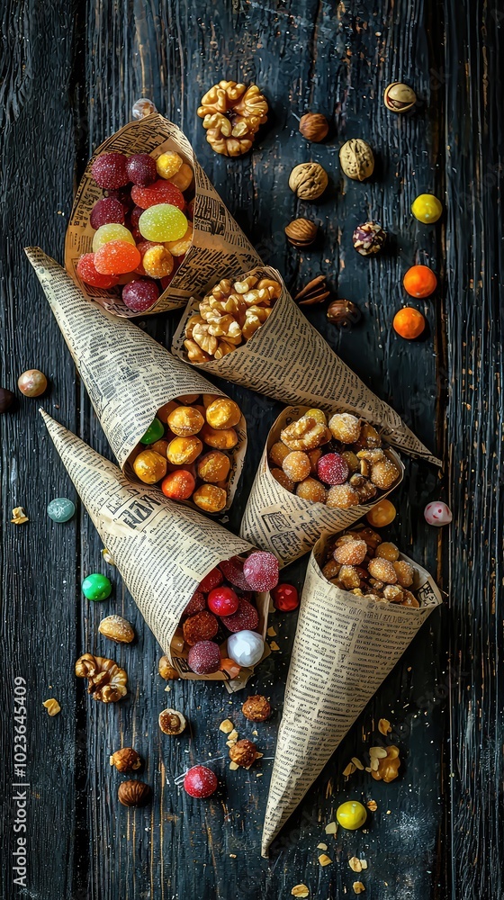 Playful Arrangement of Newspaper Cones Filled with Treats Playful Arrangement of Newspaper Cones Filled with Treats