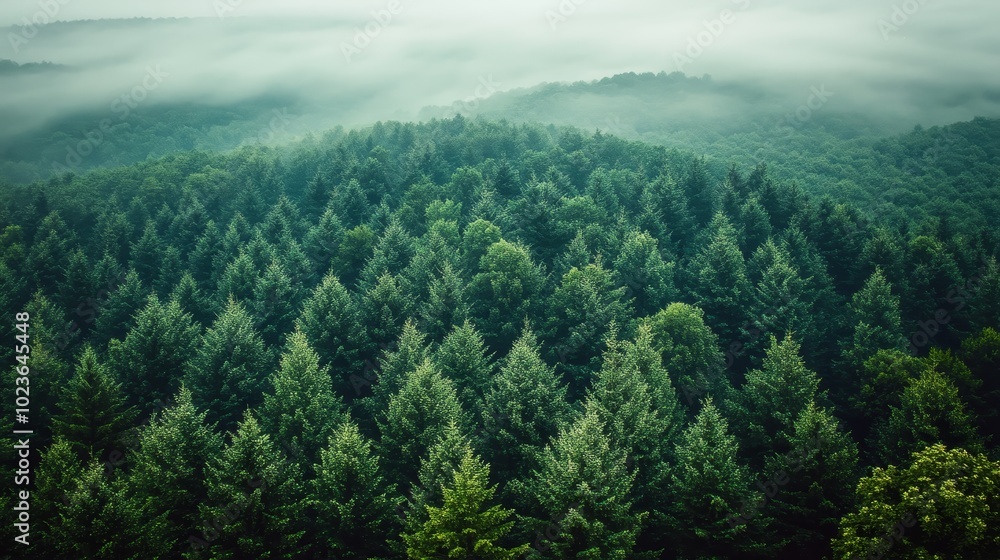 Aerial View of Evergreen Forest Covered With Morning Mist, Calm and Peaceful Nature Concept. Aerial View of Evergreen Forest Covered With Morning Mist, Calm and Peaceful Nature Concept.
