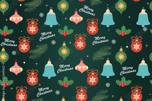 Christmas pattern or wrapping paper. Xmas abstract background with Christmas decoration, holiday balls, snowflakes and stars. Minimalistic design for wallpaper, wrapping paper, cover design