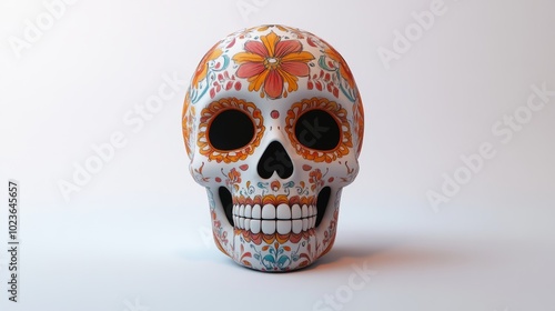 Clean white backdrop highlighting a traditional Day of the Dead sugar skull design.